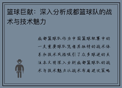 篮球巨献：深入分析成都篮球队的战术与技术魅力