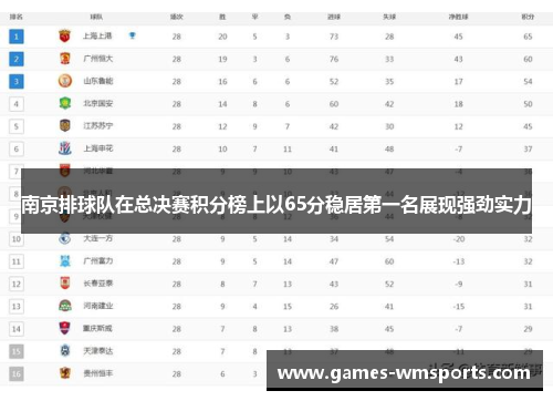 南京排球队在总决赛积分榜上以65分稳居第一名展现强劲实力