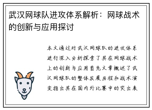 武汉网球队进攻体系解析：网球战术的创新与应用探讨